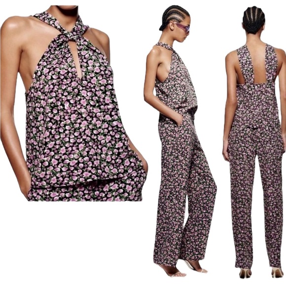 NWT Zara Black & Purple Floral Printed Cutout Halter Top - M - Picture 3 of 14